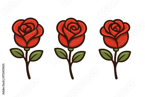 Red rose flower vector icon set. Simple cartoon floral illustration collection. Symbol of love, romance, and beauty for Valentine's Day greeting card or wedding design.