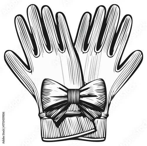 Stylized Black and White Drawing of Two Gloves Tied Together with a Bow