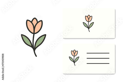 Minimal floral logo with business card template. Vector cartoon illustration for branding. Simple flower icon for corporate identity. Elegant, clean design for a beauty business.
