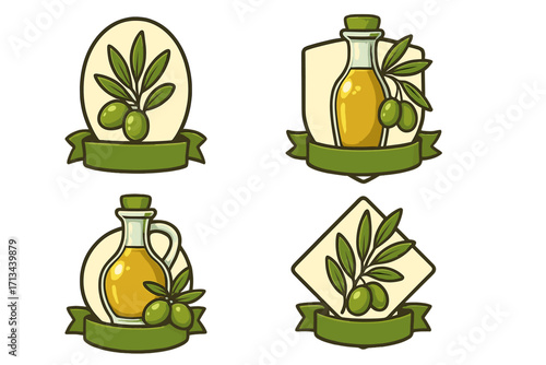 Set of olive oil logos and labels. Vector cartoon collection for food packaging. Organic extra virgin oil concept with olive branch and bottle. Emblem and badge design templates.