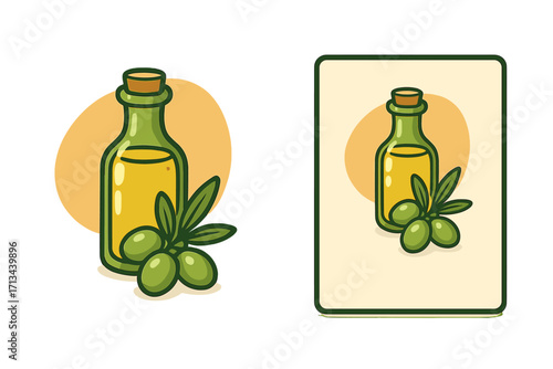 Organic olive oil logo icon and business card design set. Vector illustration for natural food branding. Healthy cooking, gourmet product, farm fresh, mediterranean diet concept.