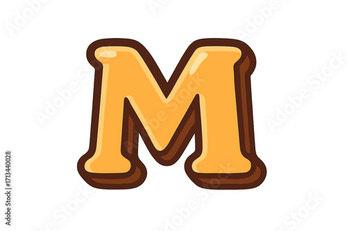 Letter M cartoon font. Golden alphabet 3D symbol for kids. Glossy honey style typography for children's design. Sweet caramel or bread texture ABC character. Isolated vector.