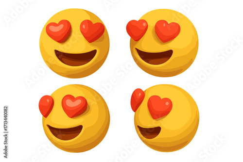 3D love emoji set with heart eyes in various views. Cute yellow smiling face emoticon collection. Concept of adoration, affection, romance, and falling in love. Vector cartoon render.