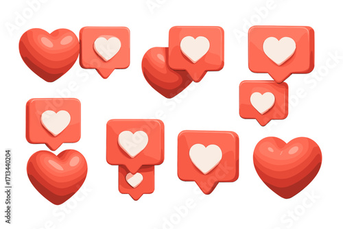 3D social media like and love icons set. Cartoon notification heart symbols for web and mobile app interfaces. Vector illustration of user reaction buttons on transparent background.