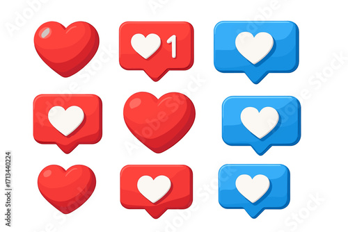 3D social media love and like heart icons set. Vector notification symbol for web, app, and UI design. Cute cartoon plastic glossy push button collection for likes and followers.