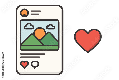 Social media app interface showing a photo post with a landscape. Mobile phone screen with user feed, like, and comment icons. Love heart reaction. Vector cartoon elements set.