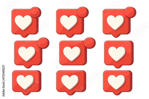 Social media 3D like heart icons set. Vector cartoon notification symbol collection for web and mobile app UI design. Follower love, new message, and engagement alert.
