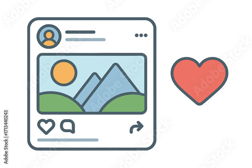 Social media app interface with a user profile post and photo. Love, like, comment, and share icons. Vector illustration for mobile feed, network communication, and UX/UI design.