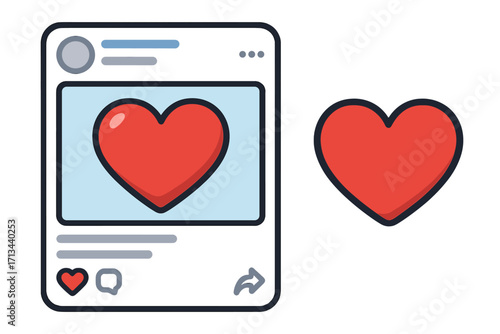 Social media app interface post with love reaction icon. Vector illustration for online communication, follower engagement and digital marketing. Like button for mobile feed.