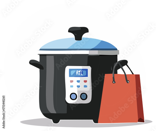 Electric Multi Cooker and Shopping Bag Depicting Modern Kitchen Lifestyle and Convenience Appliances and Home Appliances Illustration