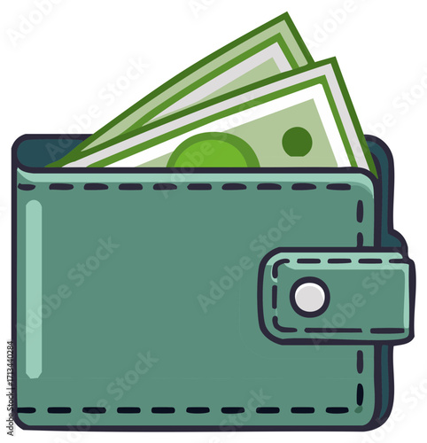 Green leather wallet with cash, concept for finance and savings.