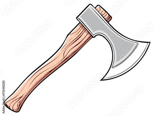 Cartoon axe with a wooden handle and sharp steel blade vector illustration isolated