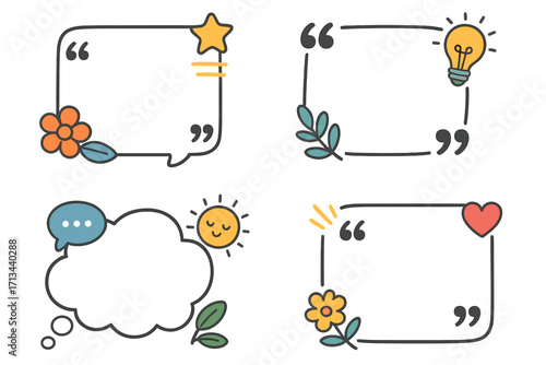 Cute doodle quote box templates set for social media. Vector cartoon frames for text. Speech bubble, thought cloud, and message border with heart, flower, star, and sun.