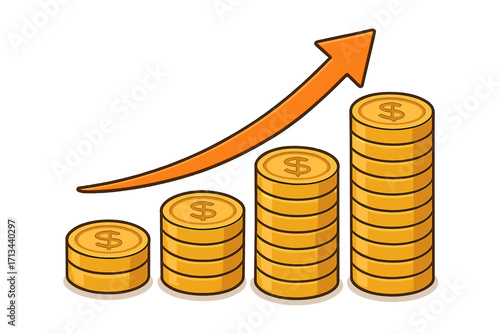 Financial growth concept with stack of gold coins and rising arrow. Investment success, income increase, and profit graph. Business revenue, stock market, and wealth chart.