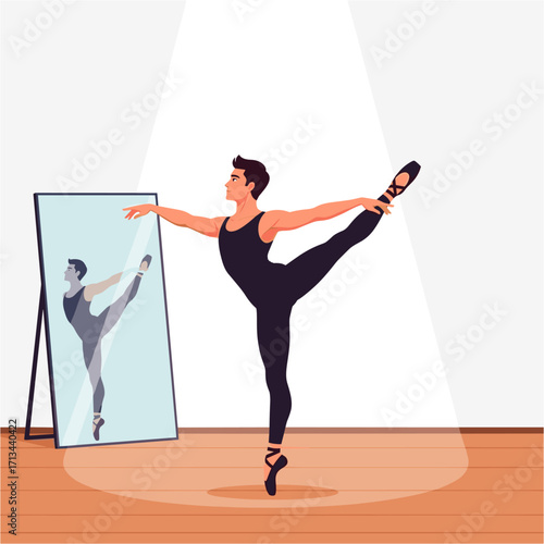 Male ballet dancer practicing in front of a mirror