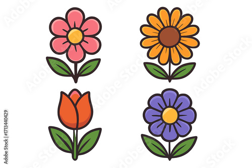 Set of cute cartoon flower icons. Collection of colorful flat design vector illustrations. Simple floral graphic elements including sunflower, tulip, and daisy for spring or nature themes.