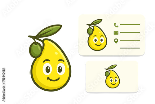 Olive oil drop logo. Cartoon mascot. Vector business card design template. Cute smiling character. Natural organic food concept. Healthy cooking oil. Brand identity graphic set.