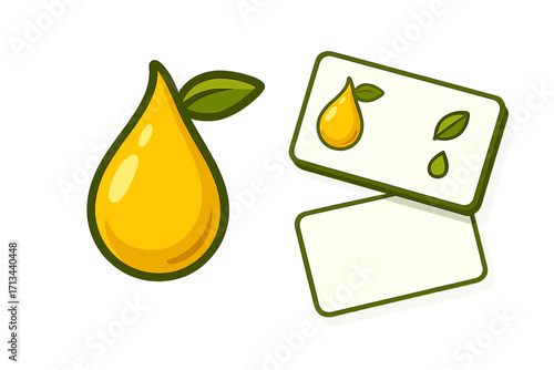 Olive oil logo with golden drop and leaf, plus business card design vector template set. Brand identity for natural, organic, healthy food products and gourmet cooking oil.