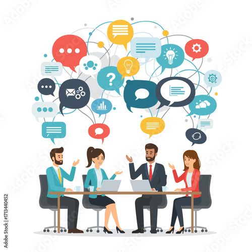 Business team discussion with communication icons
