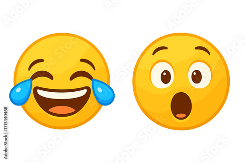 Laughing with tears of joy emoji and surprised face emoticon set. Vector icons expressing happiness, amusement, and shock. Yellow cartoon smiley characters for chat, social media.