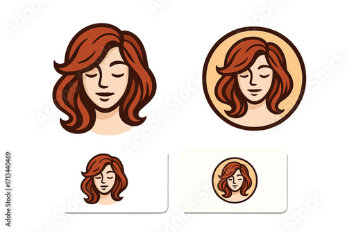 Beautiful woman face logo and business card template. Female portrait with elegant hairstyle for beauty salon, spa, hairdresser, or cosmetics brand identity. Vector set.