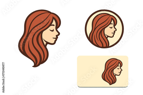 Woman profile logo with long hair. Brand identity set for beauty salon, spa, hairdresser. Vector female face emblem, badge and business card. Feminine and natural cosmetic concept.