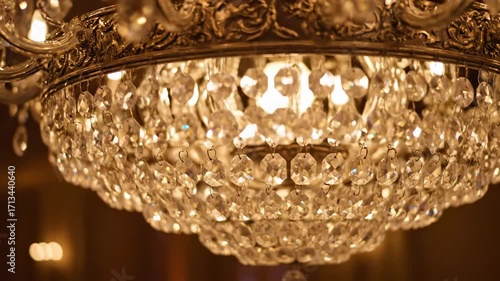 Close up crystal chandelier sparkling inside luxury ballroom cinematic handheld premium lifestyle stock video. ornate fixture glimmer opulent interior handheld shot elegant existence