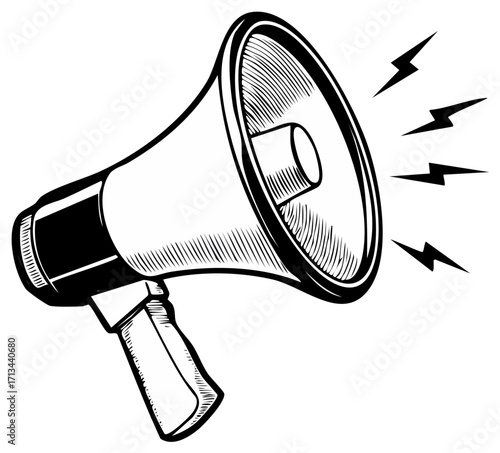 Vintage Engraved Megaphone with Sound Waves Broadcasting Urgent Messages