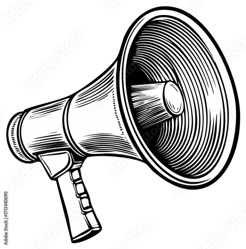 Bold monochromatic drawing of a bullhorn amplifying messages with a detailed handle emphasizing the sound.