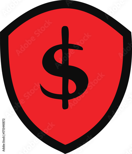 Red shield with black dollar symbol represents financial security and protection of wealth concept