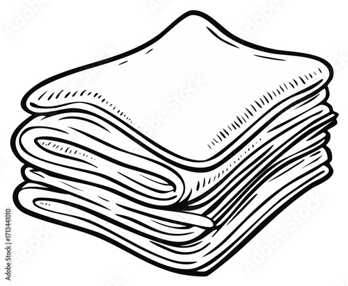 Black and white stack of folded towels, sketch style illustration.