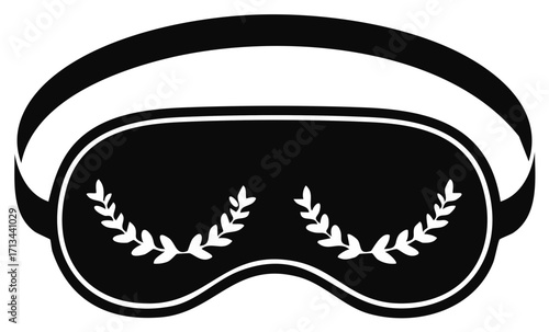 Icon of a sleep mask with a white laurel. Symbol of a comfortable sleep and resting. Black silhouette design.