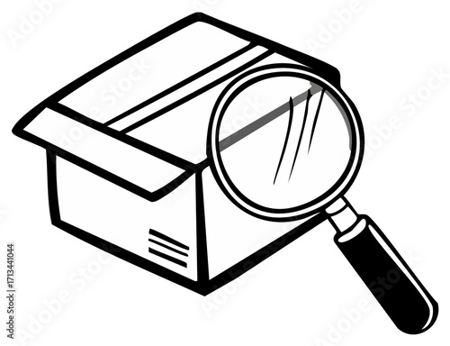 Inspection of an Open Box with a Magnifying Glass Outline Vector Illustration