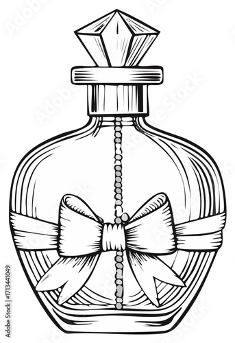Elegant vintage perfume bottle adorned with a decorative bow and beaded strand