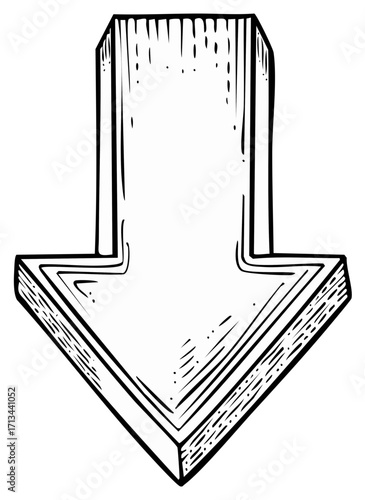Hand-drawn illustration of a 3D arrow pointing downwards