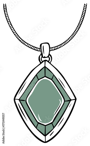 Diamond Shaped Pendant Necklace with Green Stone and Silver Setting Illustration