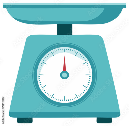 Vintage kitchen scale with red needle and numbered measurement dial, turquoise color