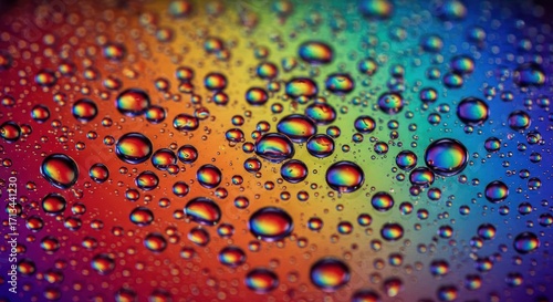 Water droplets reflect rainbow colors on a vibrant multicolored surface