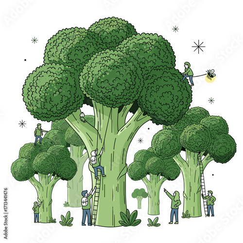 People exploring giant broccoli forest illustration