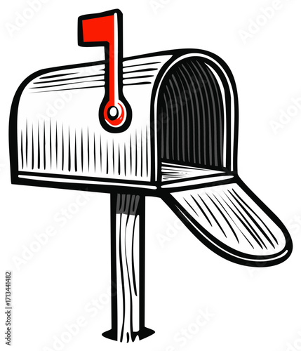 Vector Illustration of an Open Mailbox with a Red Flag for Graphic Design