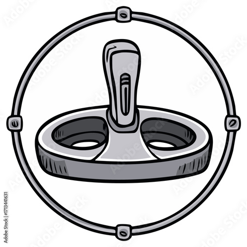 Grey cartoon spinner device with central handle and circular frame illustration.