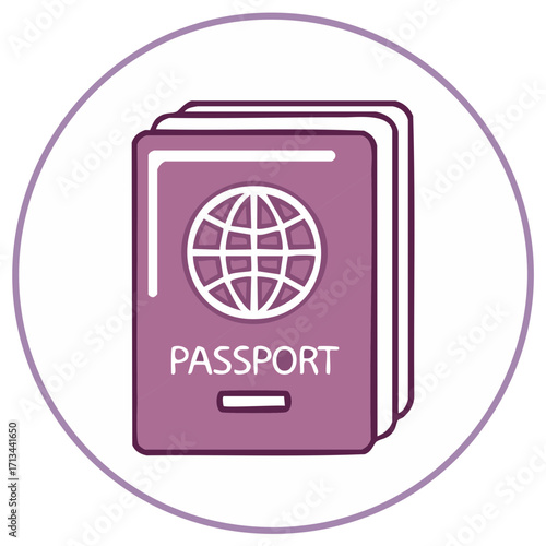 Passport Documents Stacked Ready for International Travel with Icon in a Purple Circle