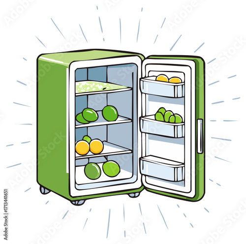 Green refrigerator full of fresh produce, open with radiating lines, cartoon style