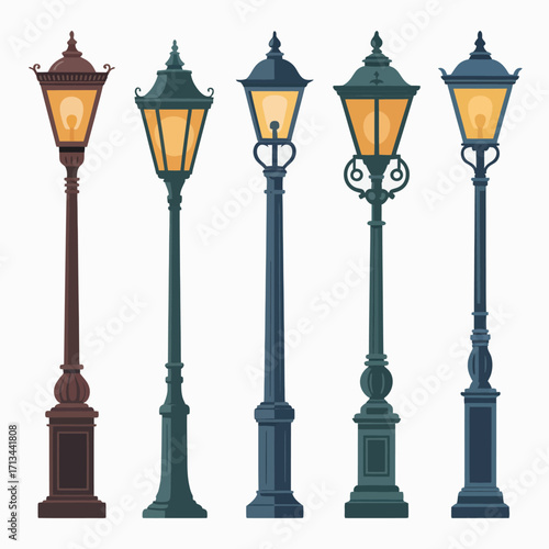 Collection of five ornate vintage street lamps on white background