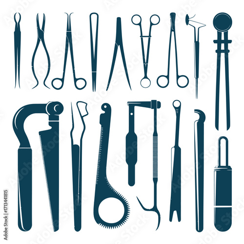 Collection of dental instruments and surgical tools isolated on white background