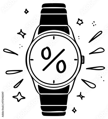 Hand Drawn Watch Face Showing Percentage Sign Representing Time Limited Offer and Promotions