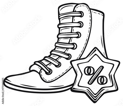 Black and White Doodle Sneaker Shoe with Sale Promotion Percentage Star Icon