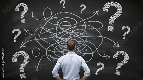 Man facing complex questions, seeking answers and solutions for business success now