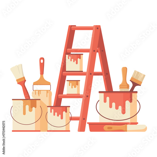 Painting supplies and ladder for home improvement and renovation projects
