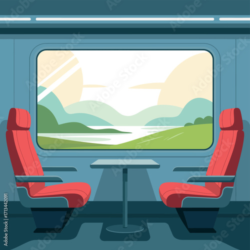 View from train window with red seats and scenic landscape
